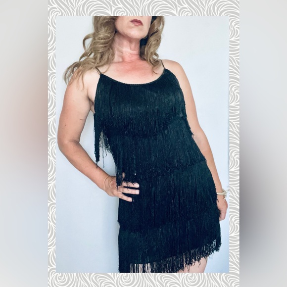 Vintage 90s does 20s Cheryl Kaye Gatsby Black Fringe Flapper Mini Dress Sz S - Picture 6 of 11